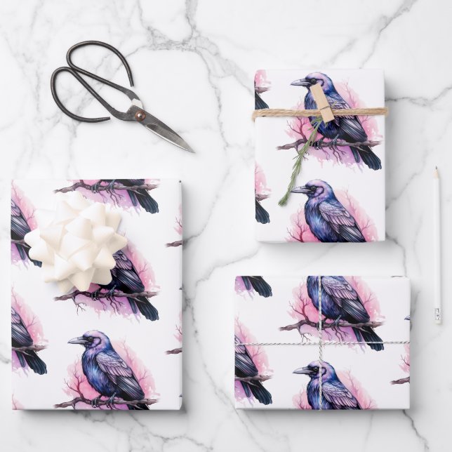 Black Raven on a Branch Pattern Wrapping Paper Sheet (Front)
