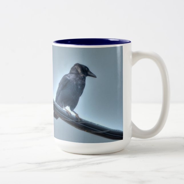 Black Raven on a Powerline Gothic, Celtic, Wiccan Two-Tone Coffee Mug (Right)