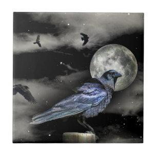 Black Raven or Crows in the Night Art Ceramic Tile