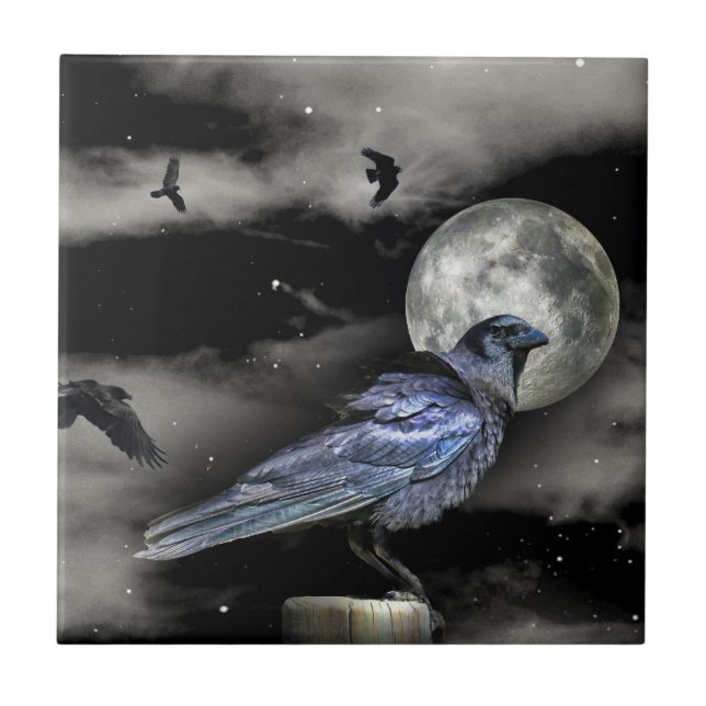 Black Raven or Crows in the Night Art Ceramic Tile (Front)