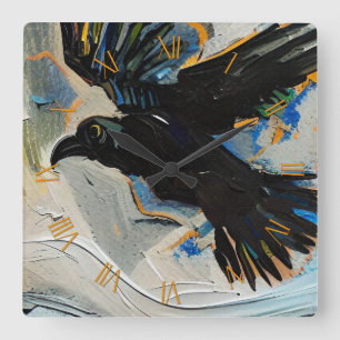 Black raven painting square wall clock