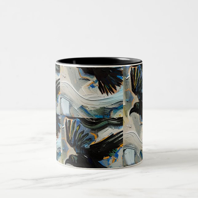 Black raven painting Two-Tone coffee mug (Center)