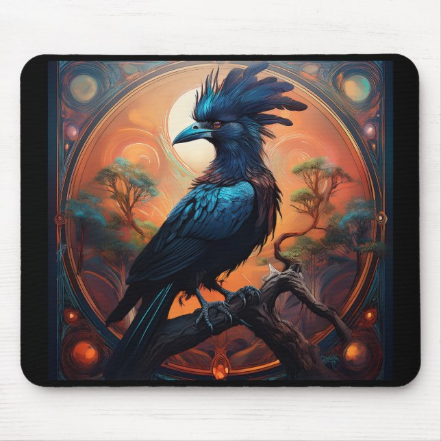 Black Raven Perched On A Gnarled Branch  Mouse Pad (Front)