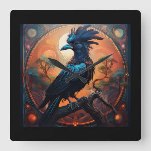 Black Raven Perched On A Gnarled Branch Square Wall Clock