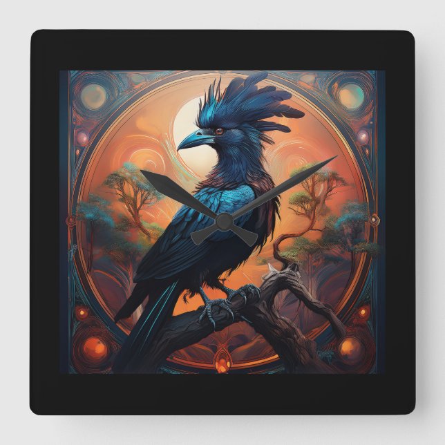 Black Raven Perched On A Gnarled Branch  Square Wall Clock (Front)