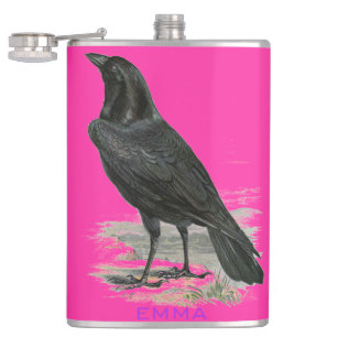 Black Raven Personalise Pink Name Flask