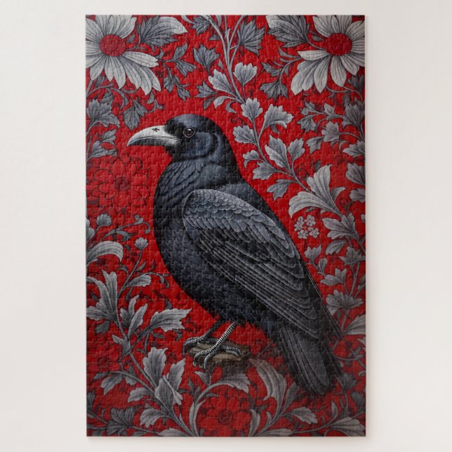 Black Raven Red Floral William Morris Inspired Jigsaw Puzzle (Vertical)
