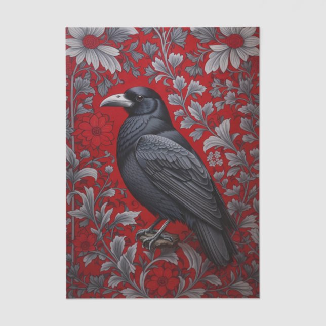 Black Raven Red Floral William Morris Inspired Tissue Paper (Front)
