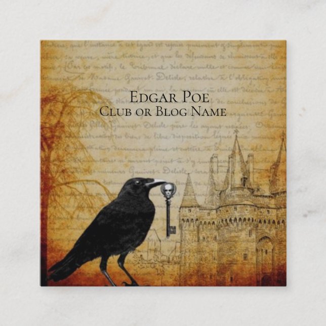 Black Raven Skull Skeleton Key Castle Background Square Business Card (Front)