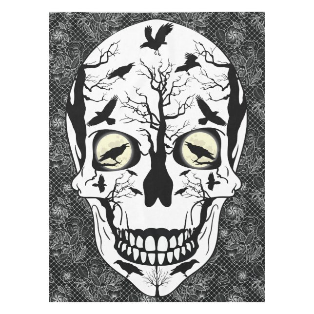 Black Raven Sugar Skull Skeleton Table Cloth (Front)