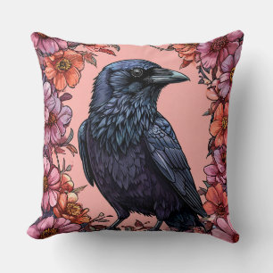 Black Raven Surrounded by Pink and Orange Flowers Cushion