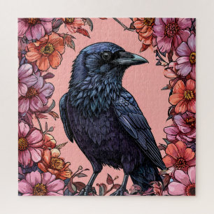 Black Raven Surrounded by Pink and Orange Flowers Jigsaw Puzzle