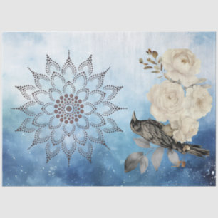 Black Raven White Flowers Blue Background Tissue Paper