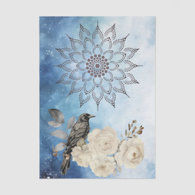 Black Raven White Flowers Blue Background Tissue Paper (Front)