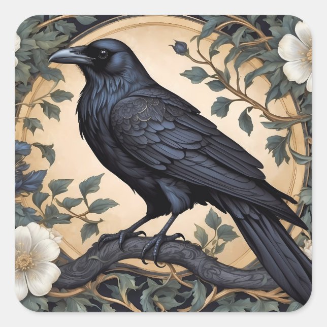 Black Raven William Morris Inspired Square Sticker (Front)