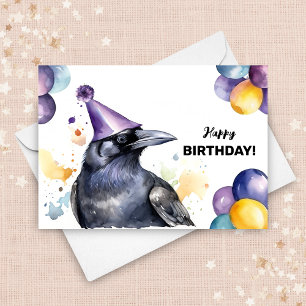 Black Raven with Balloons and Party Hat Birthday Card