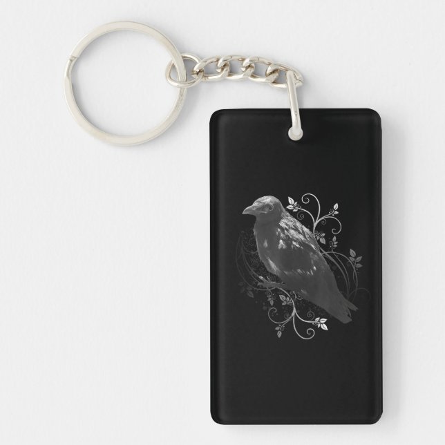 Black Raven With Filigree Leaves Odin Vikings Dark Key Ring (Front)