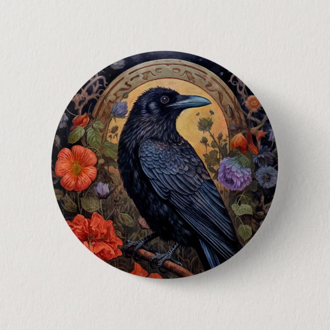 Black Raven with Flowers Gothic Design 6 Cm Round Badge (Front)