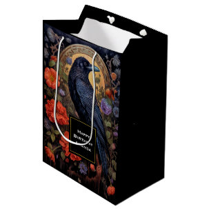 Black Raven with Flowers Gothic Design Birthday Medium Gift Bag