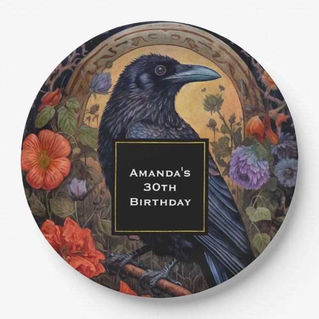  Black Raven with Flowers Gothic Design Birthday Paper Plate (Front)