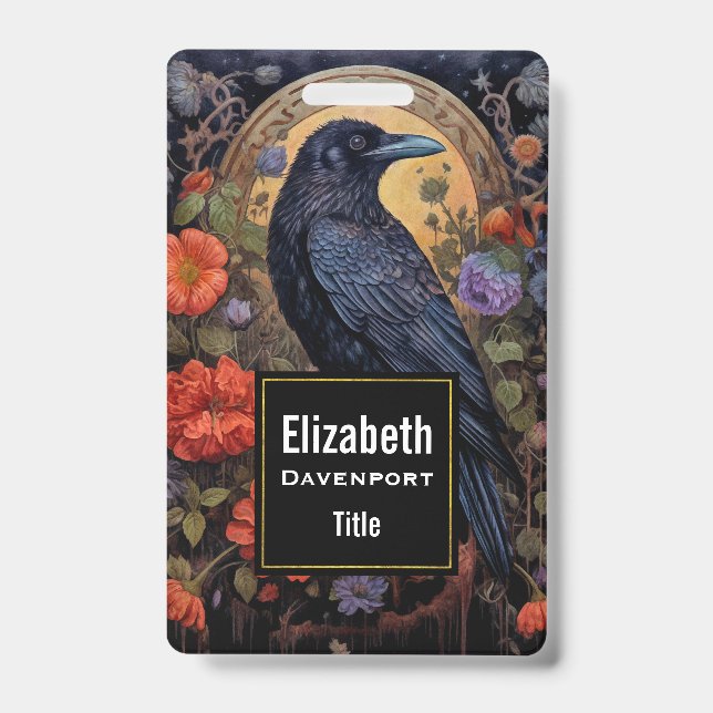 Black Raven with Flowers Gothic Design ID Badge (Front)