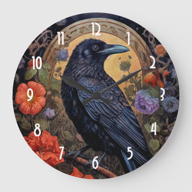 Black Raven with Flowers Gothic Design Large Clock (Front)