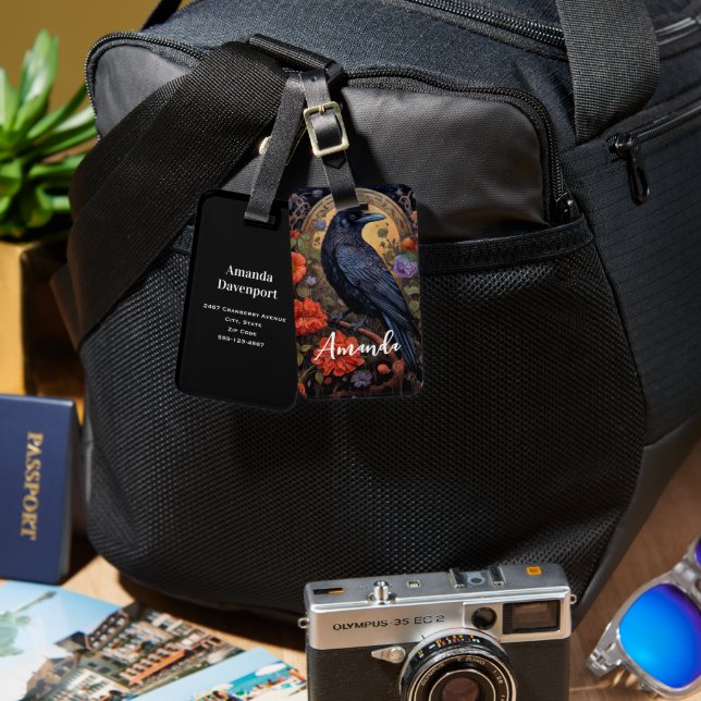 Black Raven with Flowers Gothic Design Luggage Tag (Front & Back)
