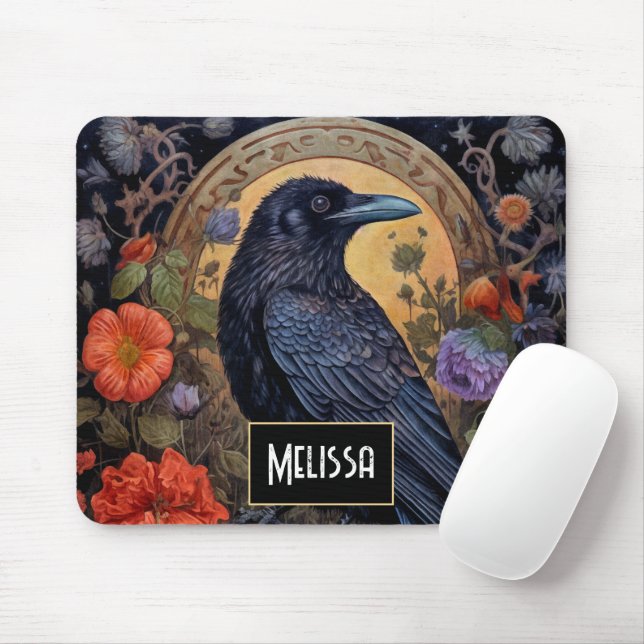 Black Raven with Flowers Gothic Design Mouse Pad (With Mouse)