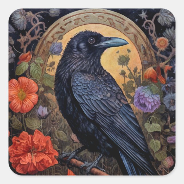 Black Raven with Flowers Gothic Design Square Sticker (Front)