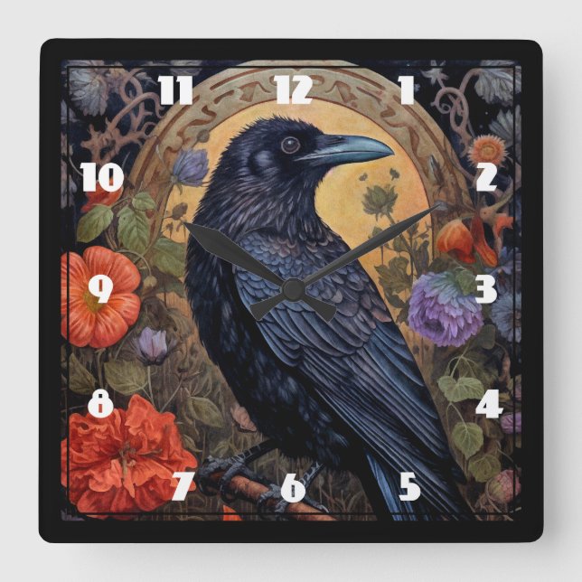 Black Raven with Flowers Gothic Design Square Wall Clock (Front)