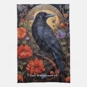 Black Raven with Flowers Gothic Design Tea Towel
