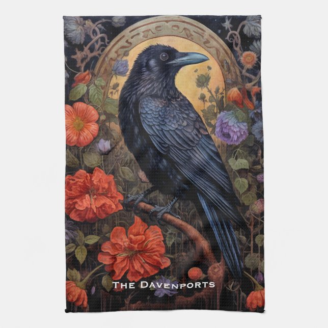 Black Raven with Flowers Gothic Design Tea Towel (Vertical)