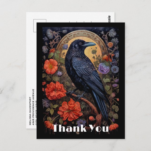 Black Raven with Flowers Gothic Design Thank You Postcard (Front/Back)