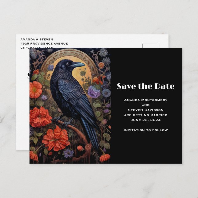 Black Raven with Flowers Gothic Save the Date Invitation Postcard (Front/Back)