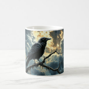 black raven with red eyes perches on a bare tree coffee mug