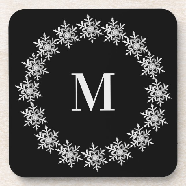 Black Real Snowflake Wreath Hard plastic coaster (Front)