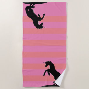 Black Rearing Unicorn (pink striped) Beach Towel