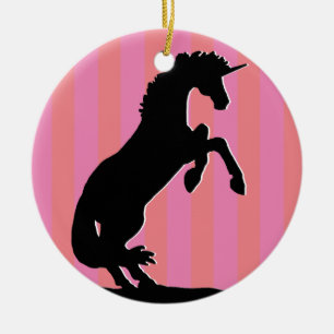 Black Rearing Unicorn (pink striped) Ceramic Ornament