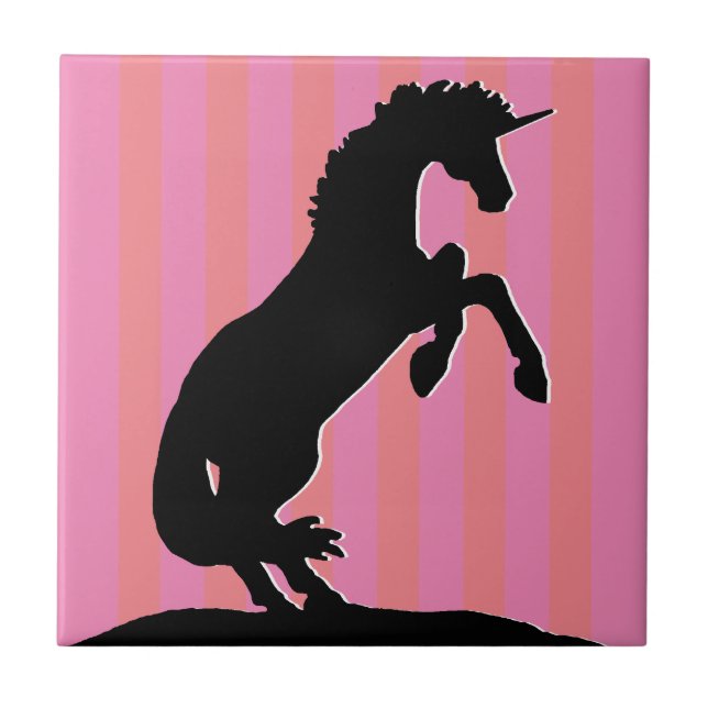 Black Rearing Unicorn (pink striped) Ceramic Tile (Front)
