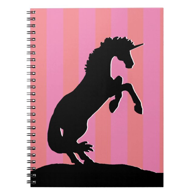 Black Rearing Unicorn (pink striped) Notebook (Front)