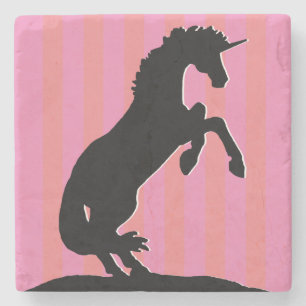Black Rearing Unicorn (pink striped) Stone Coaster