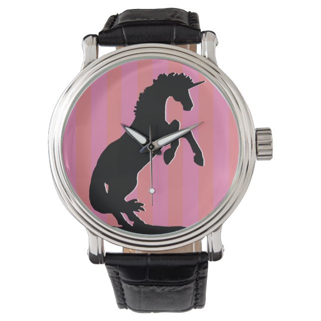 Black Rearing Unicorn (pink striped) Watch (Front)