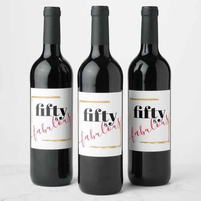 Black Red 50 & Fabulous 50th Birthday Typographic Wine Label (Bottles)