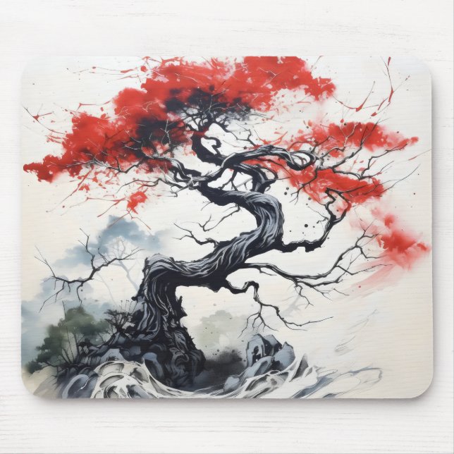 Black Red Abstract Tree Mouse Pad (Front)