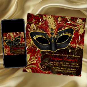 Black Red and Gold Maquerade Party Invitation