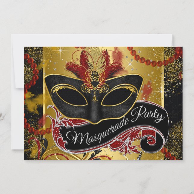Black Red and Gold Masquerade Party Invitation (Front)