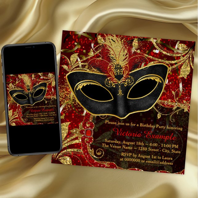Black Red and Gold Masquerade Party Invitation (Red and gold masquerade party invitation. Any occasion. Digital download and printed available.)