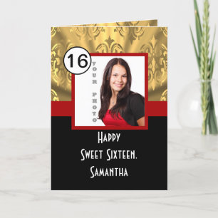 Black red and gold sweet sixteen thank you card