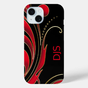 Black, Red and Gold Swirly Print iPhone 15 Case