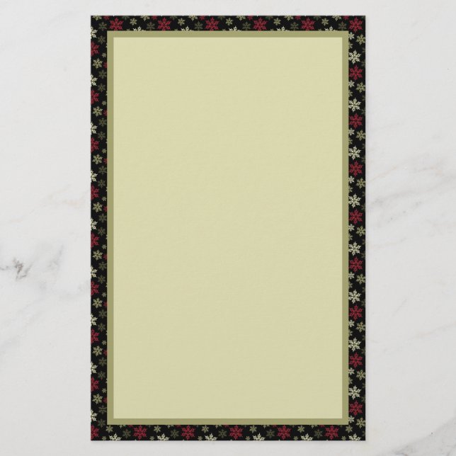 Black Red and Green Snowflake Pattern Stationery (Front)